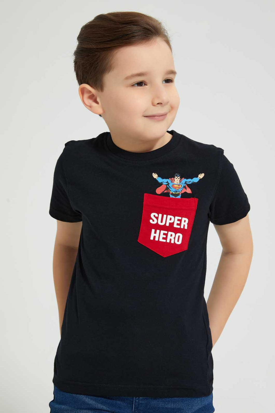 Redtag-Black-Superman-Pocket-T-Shirt-All-Over-Prints-Boys-2 to 8 Years