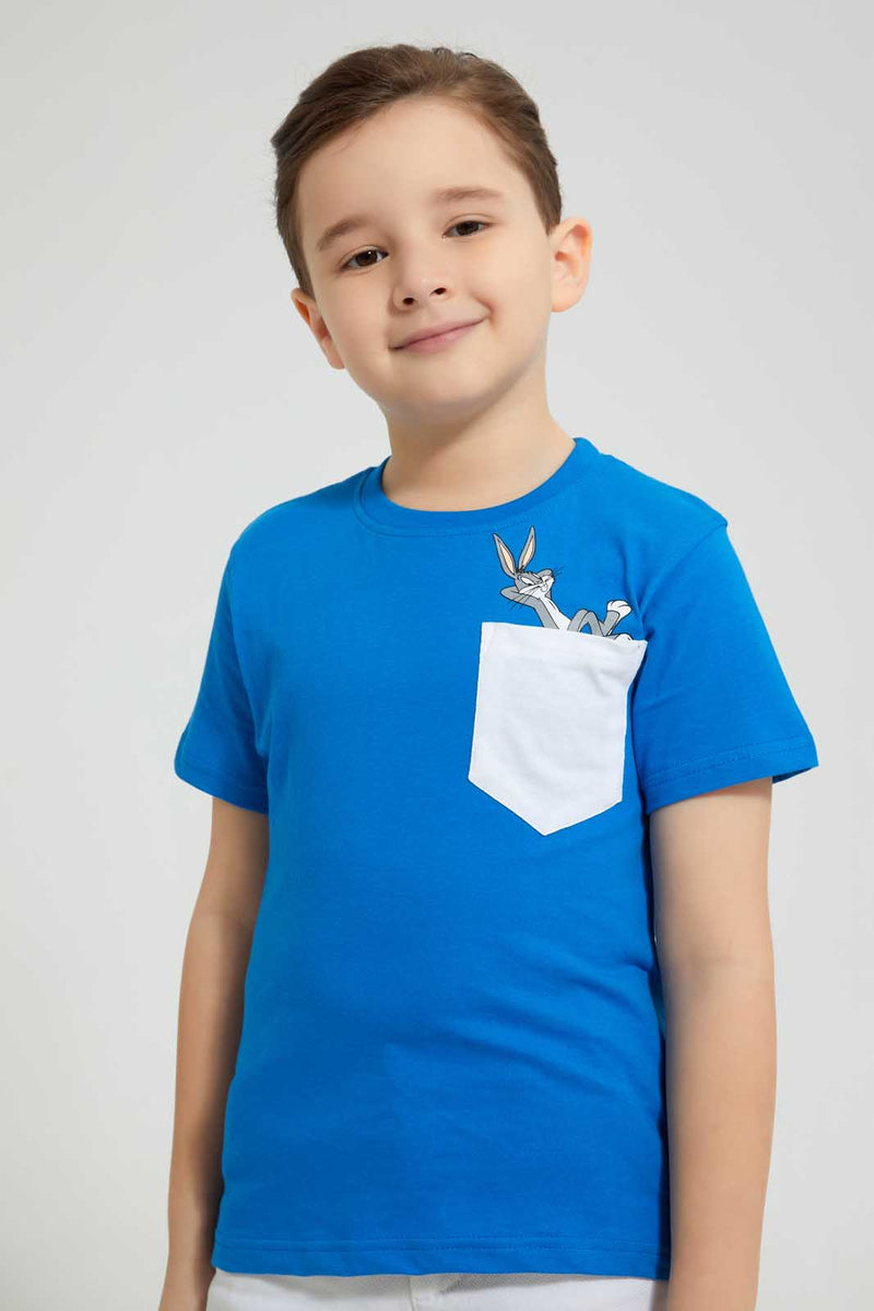 Redtag-Blue-Bugs-Pocket-T-Shirt-All-Over-Prints-Boys-2 to 8 Years