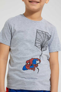 Redtag-Grey-Spiderman-Pocket-T-Shirt-All-Over-Prints-Boys-2 to 8 Years