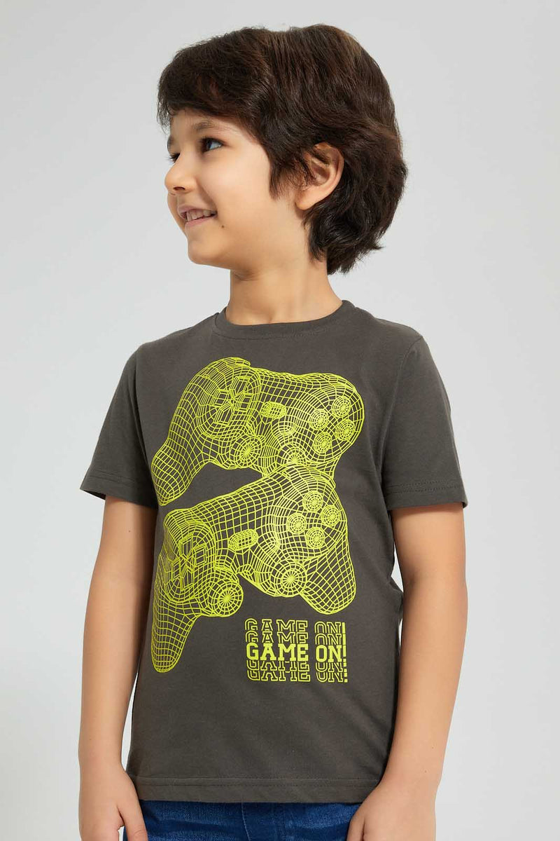 Redtag-Dark-Grey-Controller-Graphic-T-Shirt-Graphic-Prints-Boys-2 to 8 Years