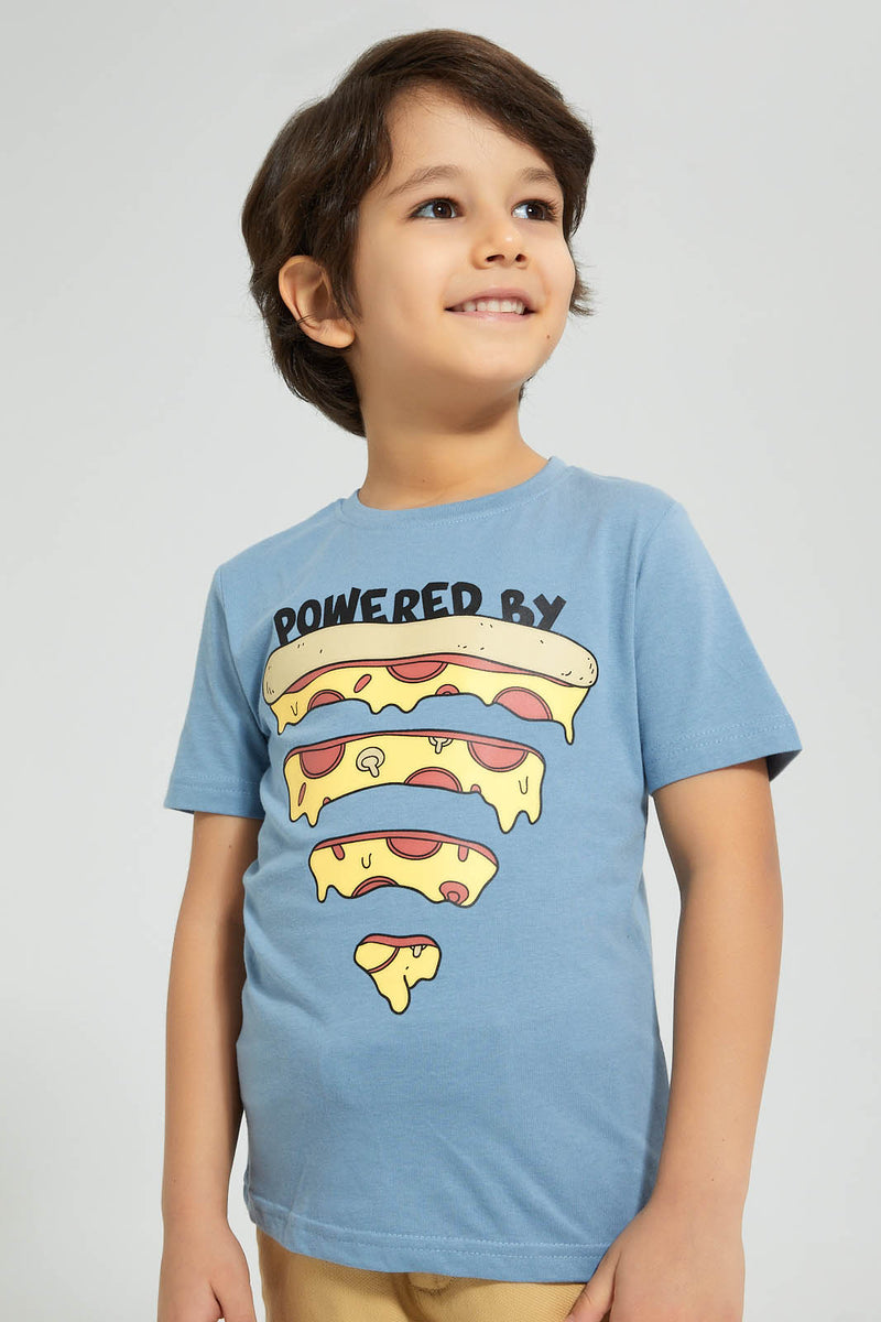 Redtag-Blue-Pizza-T-Shirt-Graphic-Prints-Boys-2 to 8 Years