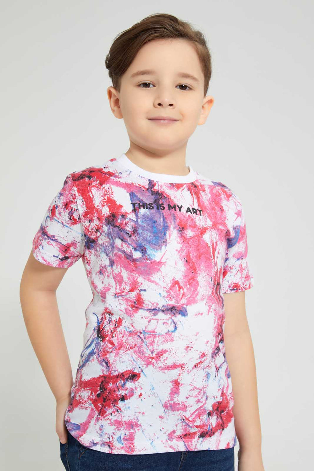 Redtag-White-Paint-T-Shirt-All-Over-Prints-Boys-2 to 8 Years