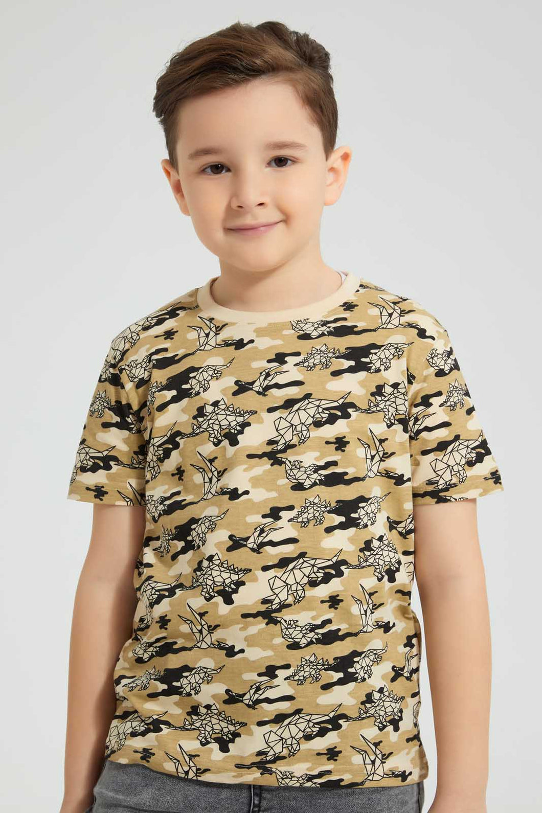 Redtag-Olive-Dinosaur-T-Shirt-All-Over-Prints-Boys-2 to 8 Years