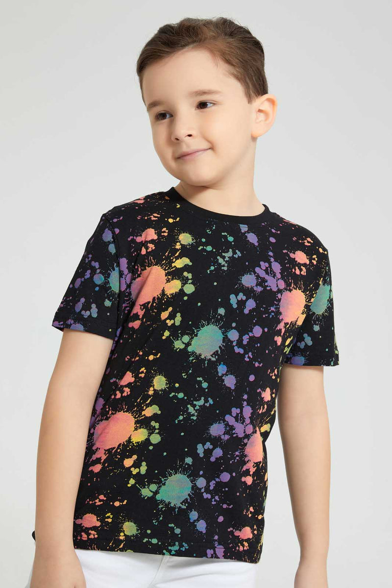 Redtag-Black-Splodge-T-Shirt-All-Over-Prints-Boys-2 to 8 Years