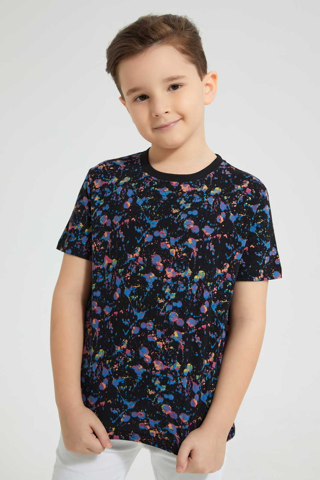 Redtag-Black-Colour-Splash-T-Shirt-All-Over-Prints-Boys-2 to 8 Years