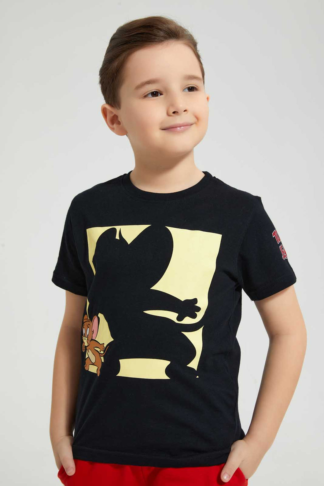 Redtag-Black-Jerry-Print-T-Shirt-All-Over-Prints-Boys-2 to 8 Years