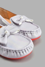 Load image into Gallery viewer, Redtag-Silver-Bow-Trim-Moccasin-Colour:Silver,-Filter:Girls-Footwear-(3-to-5-Yrs),-GIR-Casual-Shoes,-New-In,-New-In-GIR-FOO,-Non-Sale,-S22A,-Section:Kidswear-Girls-3 to 5 Years
