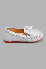 Load image into Gallery viewer, Redtag-Silver-Bow-Trim-Moccasin-Colour:Silver,-Filter:Girls-Footwear-(3-to-5-Yrs),-GIR-Casual-Shoes,-New-In,-New-In-GIR-FOO,-Non-Sale,-S22A,-Section:Kidswear-Girls-3 to 5 Years
