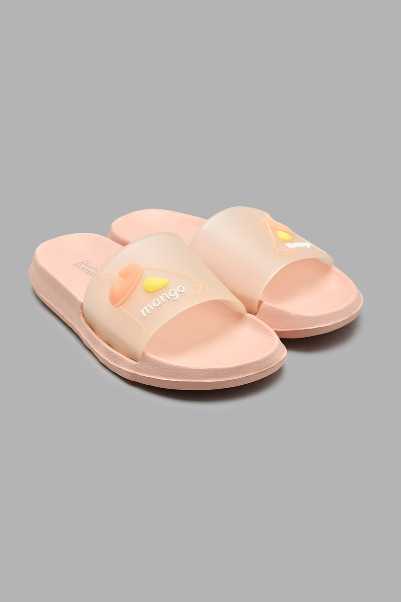 Redtag-Pale-Pink-"Mango"-Slogan-Slide-Colour:Orange,-Filter:Girls-Footwear-(5-to-14-Yrs),-GSR-Flip-Flops,-New-In,-New-In-GSR-FOO,-Non-Sale,-S22A,-Section:Kidswear-Senior-Girls-5 to 14 Years