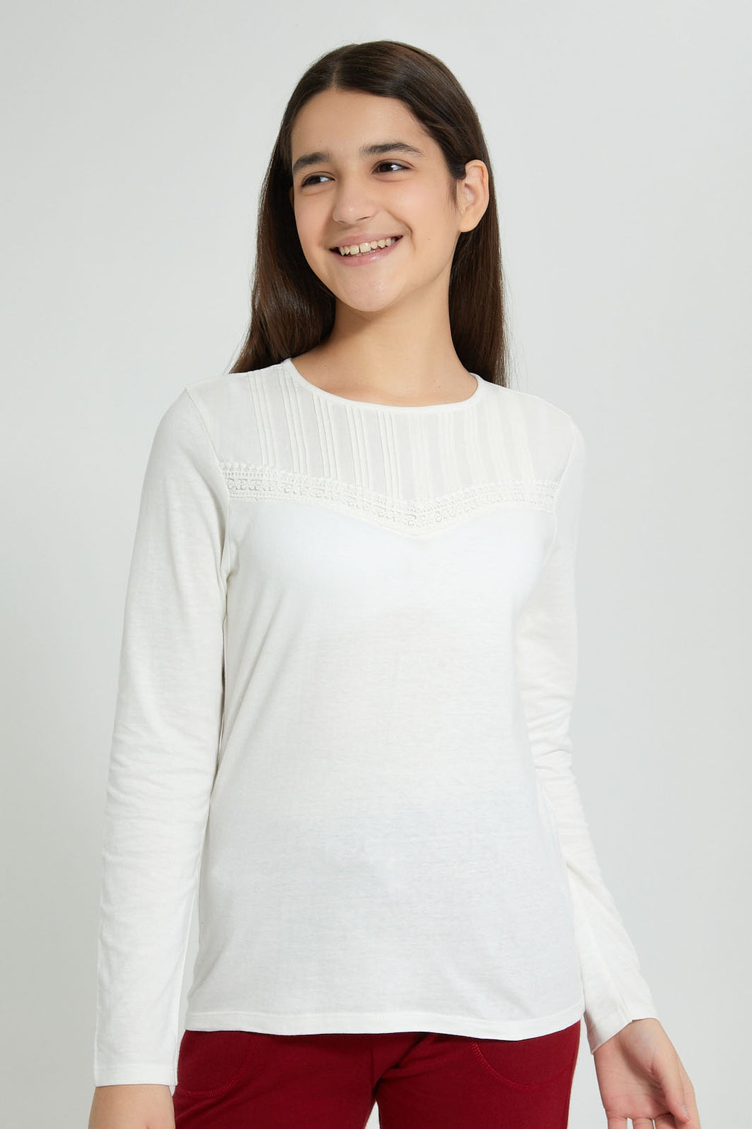 Redtag-White-Long-Sleeve-Front-Pleating-Top-Plain-Senior-Girls-9 to 14 Years