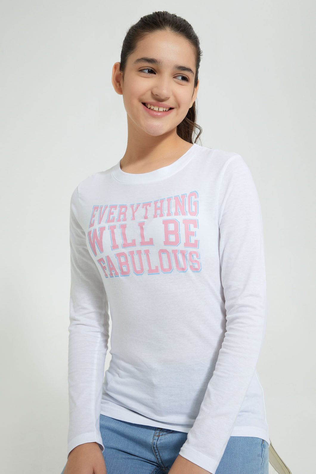 Redtag-White-Long-Sleeve-Graphic-T-Shirts-Graphic-Prints-Senior-Girls-9 to 14 Years