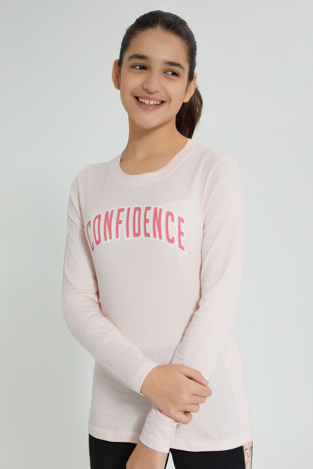 Redtag-Pink-Long-Sleeve-Graphic-T-Shirts-Graphic-Prints-Senior-Girls-9 to 14 Years