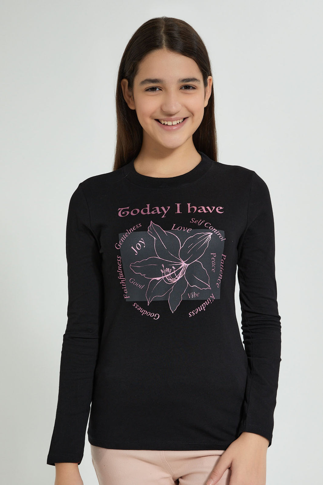 Redtag-Navy-Long-Sleeve-Graphic-T-Shirts-Graphic-Prints-Senior-Girls-9 to 14 Years