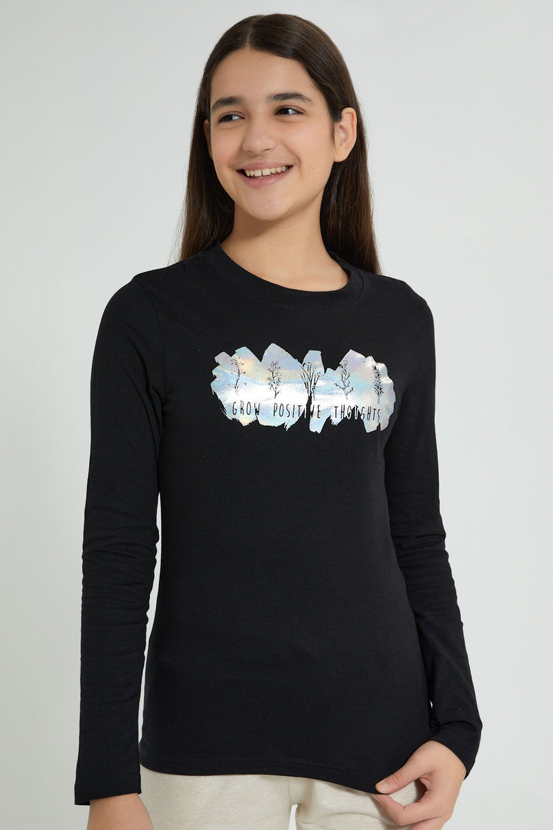 Redtag-Black-Long-Sleeve-Graphic-T-Shirts-Graphic-Prints-Senior-Girls-9 to 14 Years