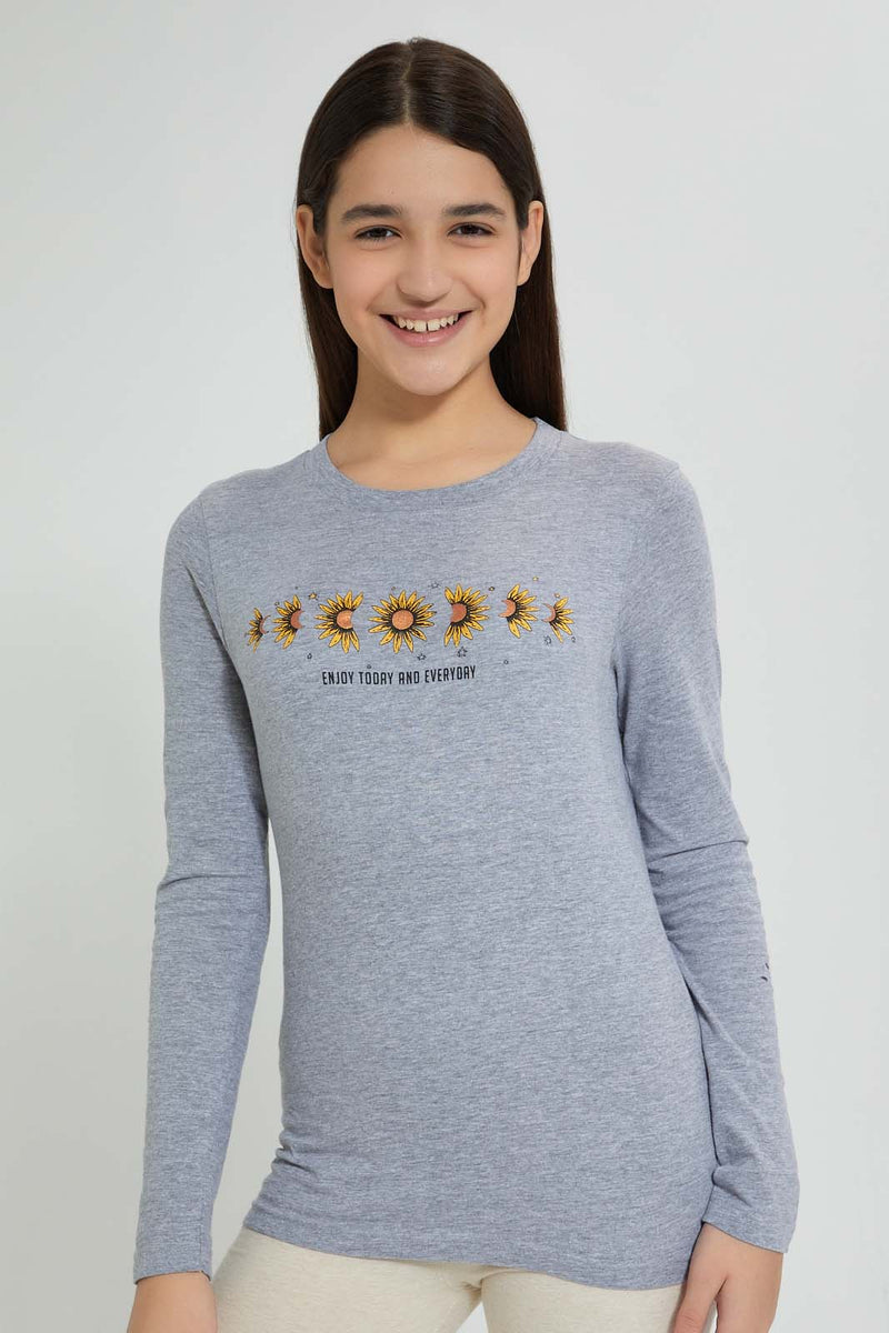 Redtag-Grey-Melange-Long-Sleeve-Graphic-T-Shirts-Graphic-Prints-Senior-Girls-9 to 14 Years