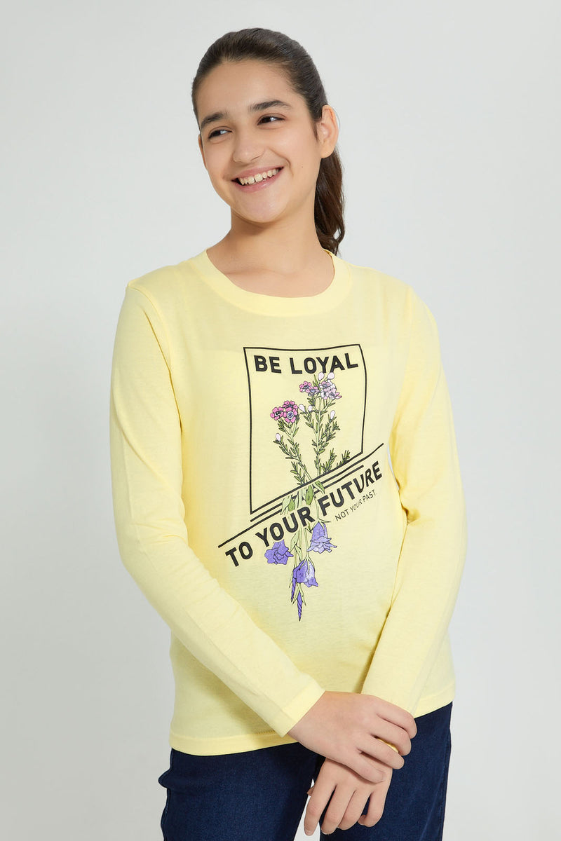 Redtag-Yellow-Long-Sleeve-Graphic-T-Shirts-Graphic-Prints-Senior-Girls-9 to 14 Years