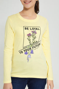 Redtag-Yellow-Long-Sleeve-Graphic-T-Shirts-Graphic-Prints-Senior-Girls-9 to 14 Years