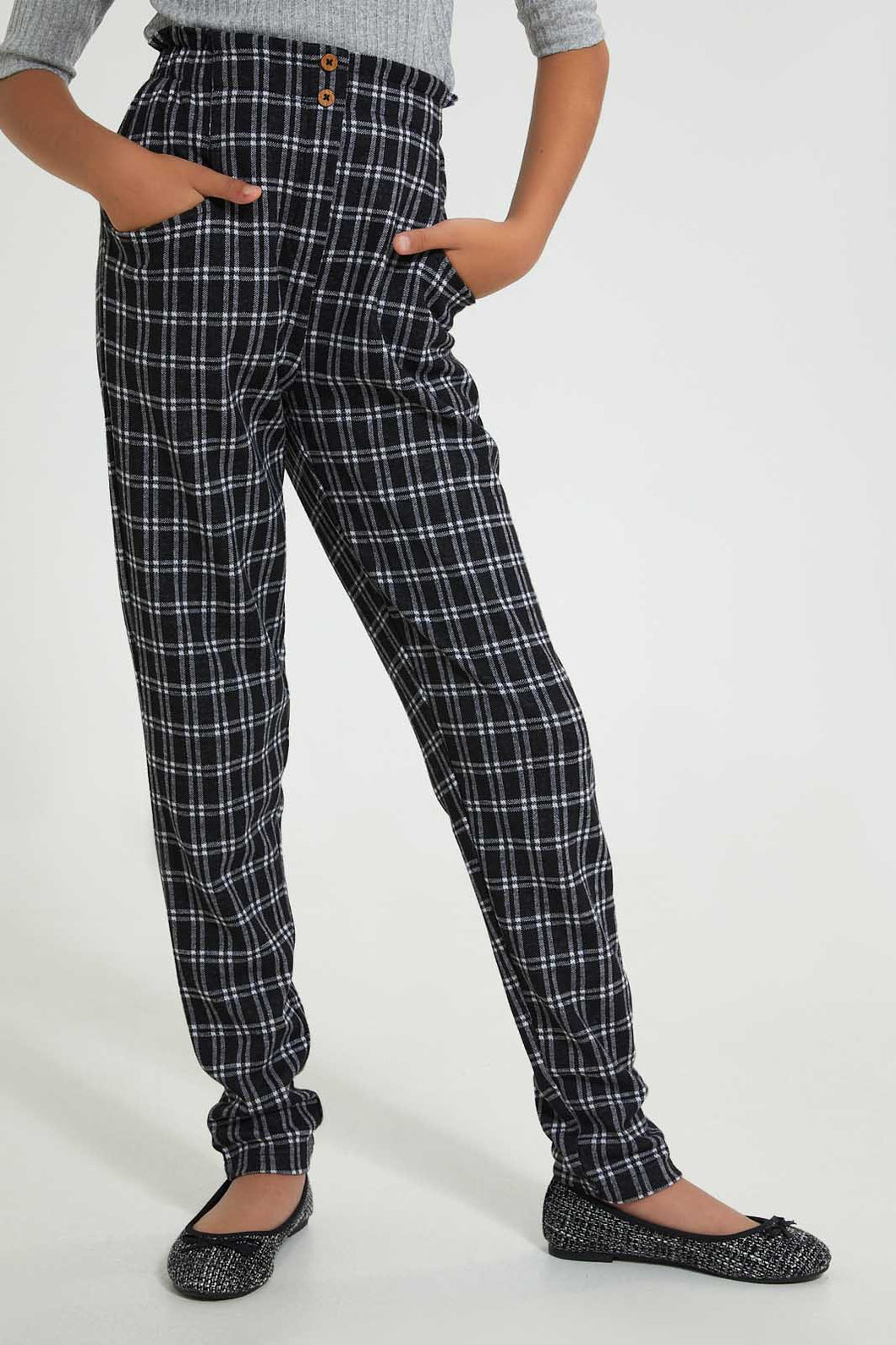 Redtag-Grey/White-Stripes-Plaid-Trouser-Cargo-Pants-Senior-Girls-9 to 14 Years