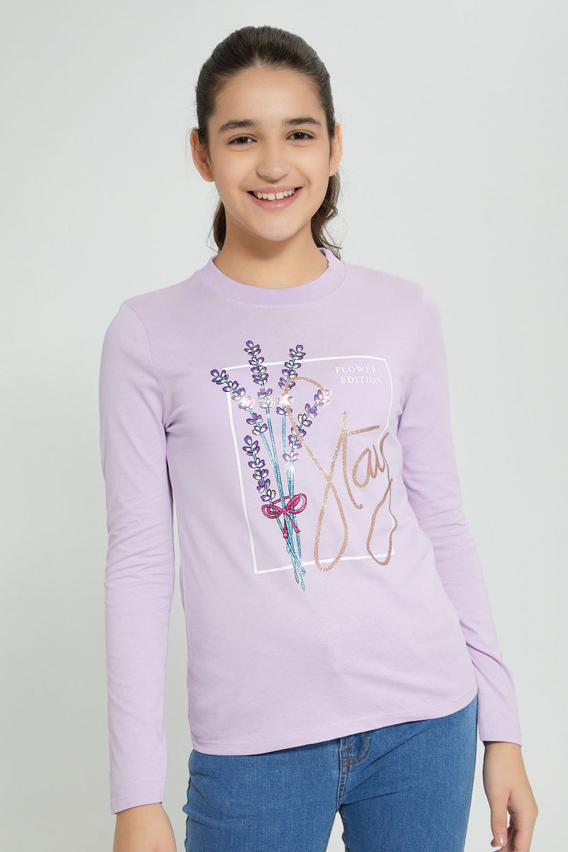 Redtag-Purple-Long-Sleeve-Graphic-T-Shirts-Graphic-Prints-Senior-Girls-9 to 14 Years