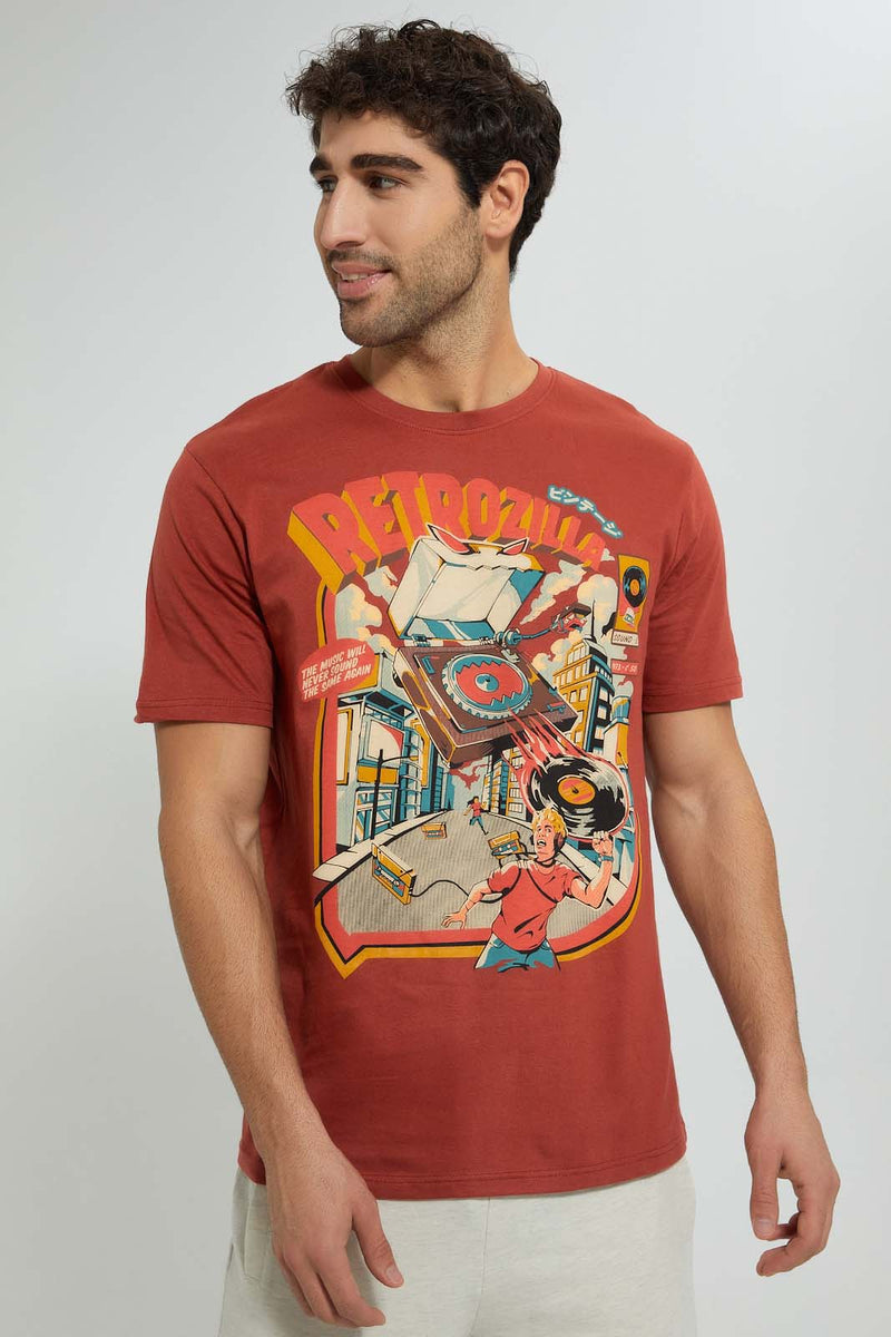 Redtag-Brown-Digital-Printed-T-Shirt-Graphic-Prints-Men's-