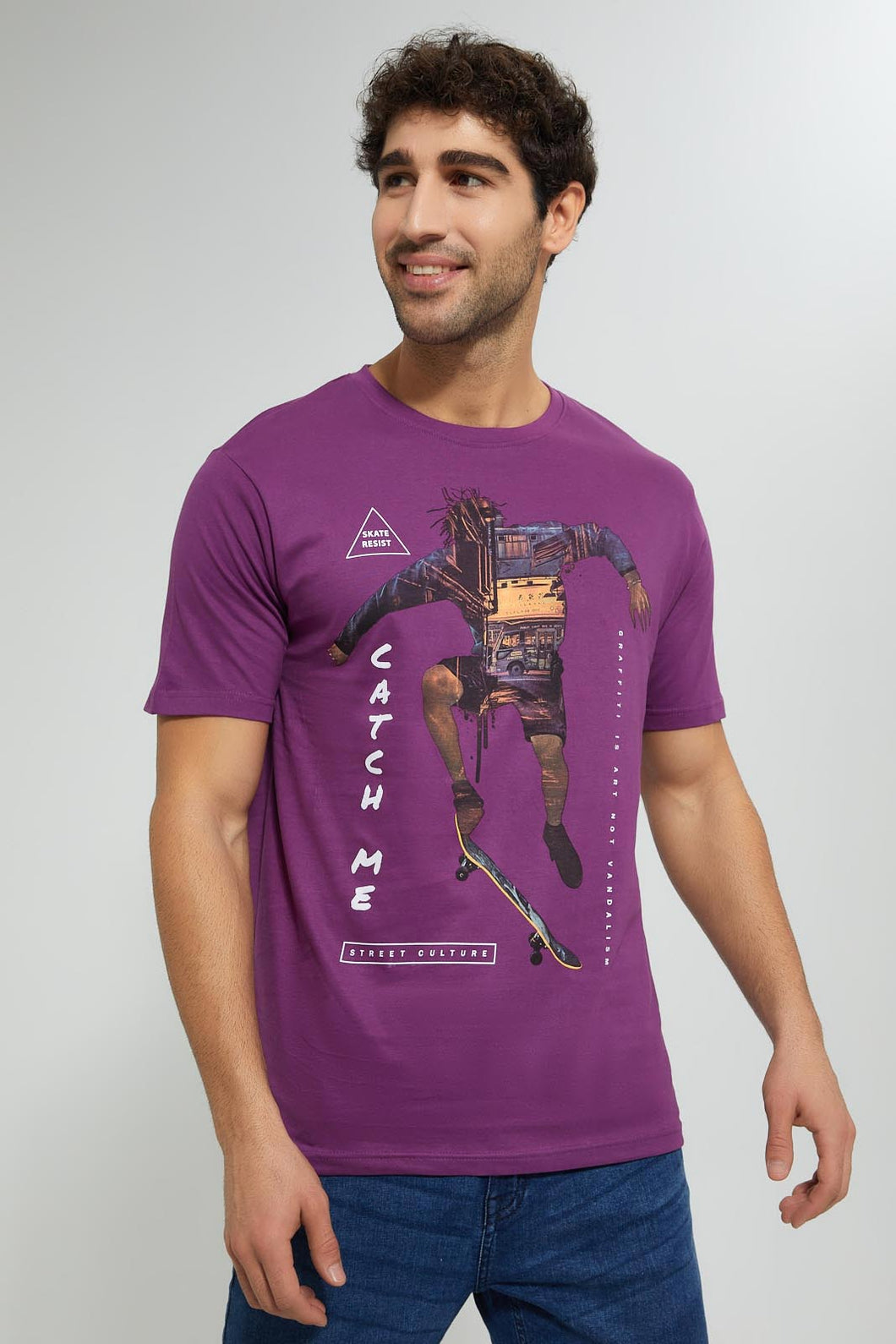 Redtag-Purple-Digital-Printed-T-Shirt-Graphic-Prints-Men's-