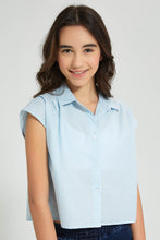 Load image into Gallery viewer, Redtag-Light-Blue-Oversize-Crop-Shirt-With-Chiffly-Collar-Blouses-Senior-Girls-9 to 14 Years
