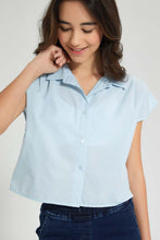 Load image into Gallery viewer, Redtag-Light-Blue-Oversize-Crop-Shirt-With-Chiffly-Collar-Blouses-Senior-Girls-9 to 14 Years
