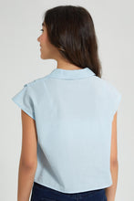 Load image into Gallery viewer, Redtag-Light-Blue-Oversize-Crop-Shirt-With-Chiffly-Collar-Blouses-Senior-Girls-9 to 14 Years
