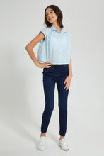 Load image into Gallery viewer, Redtag-Light-Blue-Oversize-Crop-Shirt-With-Chiffly-Collar-Blouses-Senior-Girls-9 to 14 Years
