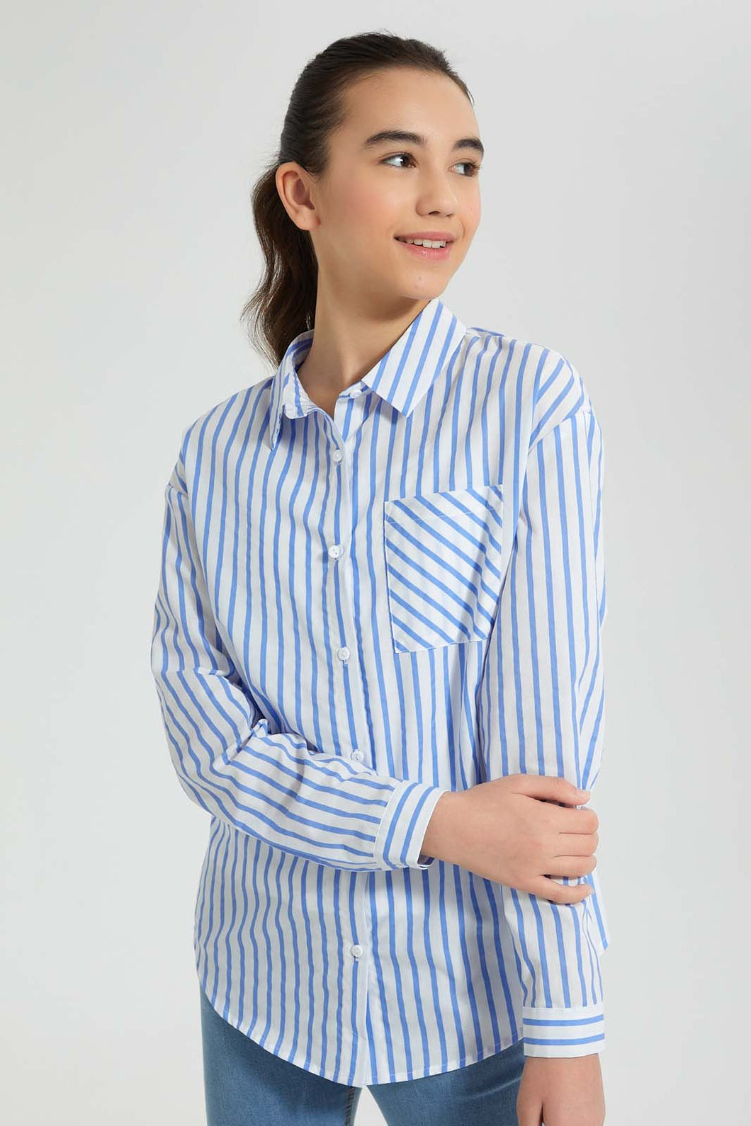 Redtag-White/Blue-Stripes-Twofer-Shirt-Blouses-Senior-Girls-9 to 14 Years