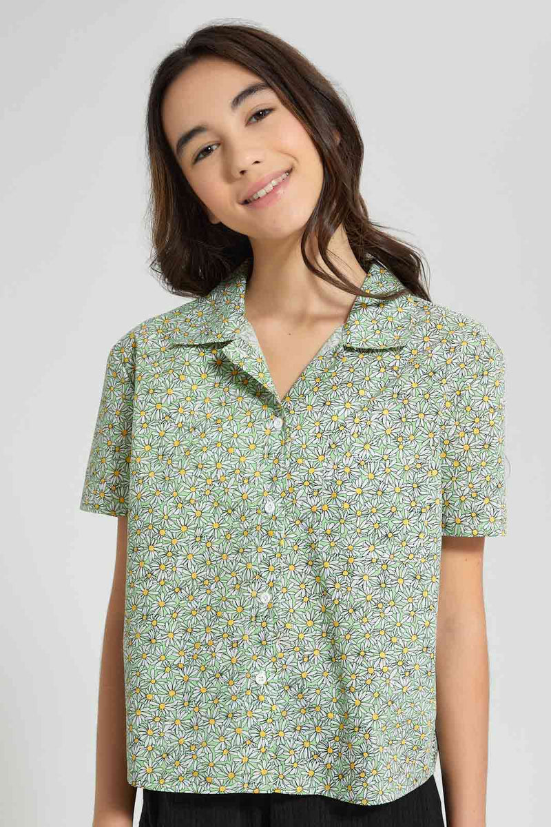 Redtag-Green-Floral-Print-Crop-Shirt-Blouses-Senior-Girls-9 to 14 Years