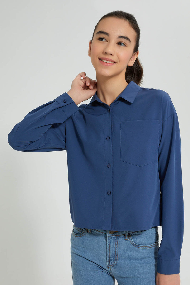 Redtag-Blue-SaT-Shirtn-Oversize-Crop-Shirt-Blouses-Senior-Girls-9 to 14 Years