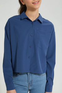 Redtag-Blue-SaT-Shirtn-Oversize-Crop-Shirt-Blouses-Senior-Girls-9 to 14 Years