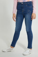 تنزيل الصورة على معرض الصور، Redtag-Meduim-Wash-Skinny-High-Rise-Jean-With-Embroidery-Jeans-Skinny-Fit-Senior-Girls-9 to 14 Years
