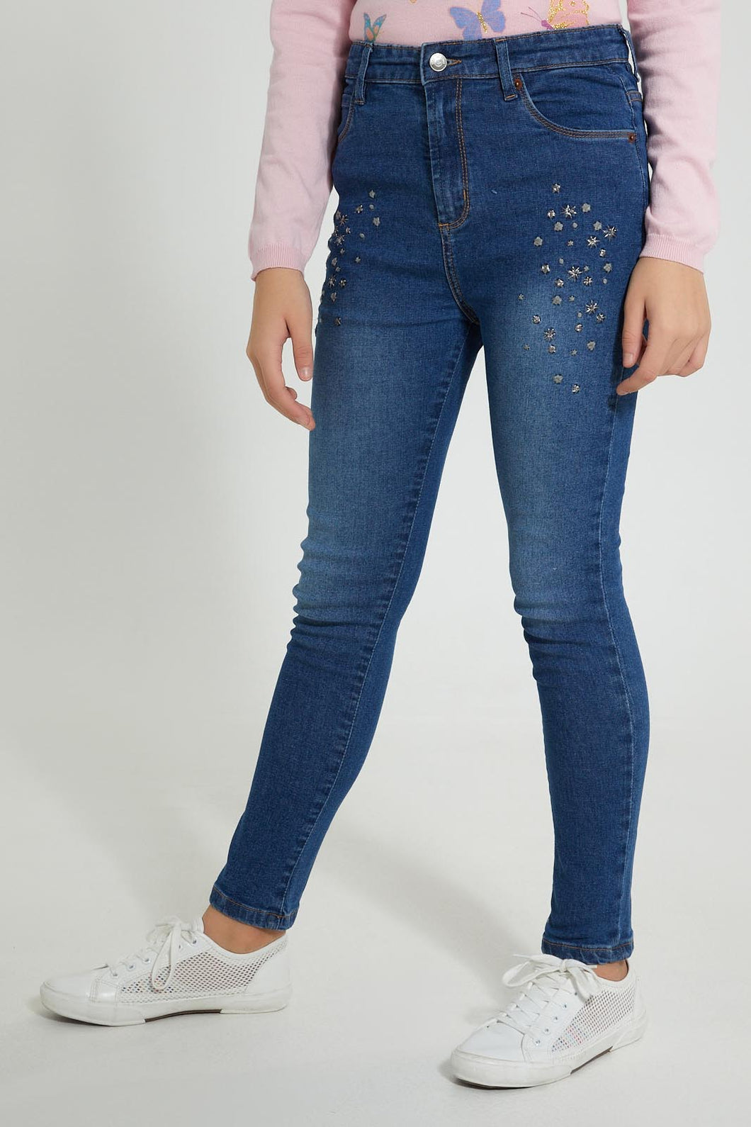 Redtag-Meduim-Wash-Skinny-High-Rise-Jean-With-Embroidery-Jeans-Skinny-Fit-Senior-Girls-9 to 14 Years