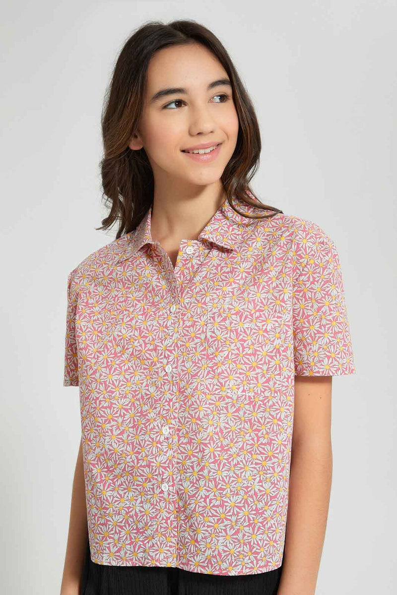 Redtag-Yellow-Floral-Print-Crop-Shirt-Blouses-Senior-Girls-9 to 14 Years