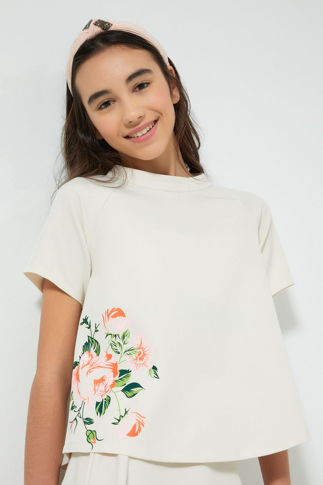 Redtag-Beige-High-Neck-Top-With-Print-Blouses-Senior-Girls-9 to 14 Years