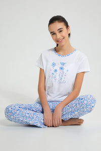 Redtag-White/Blue-Floral-Pajama-Sets-Pyjama-Sets-Senior-Girls-9 to 14 Years