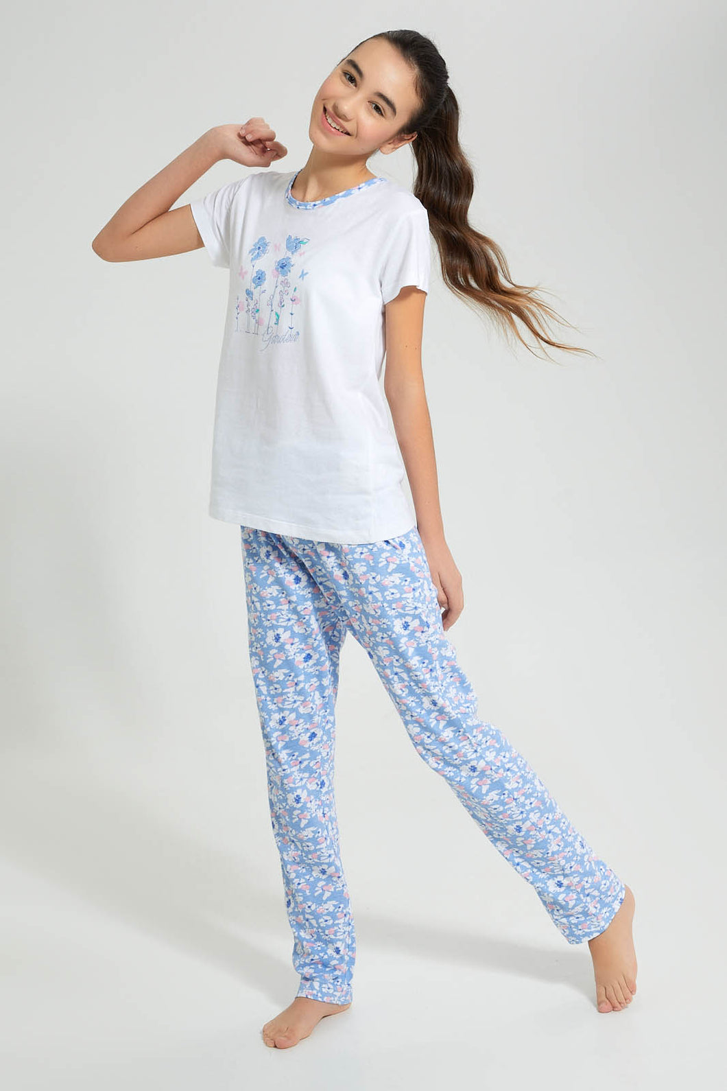 Redtag-White/Blue-Floral-Pajama-Sets-Pyjama-Sets-Senior-Girls-9 to 14 Years