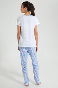 Redtag-White/Blue-Floral-Pajama-Sets-Pyjama-Sets-Senior-Girls-9 to 14 Years