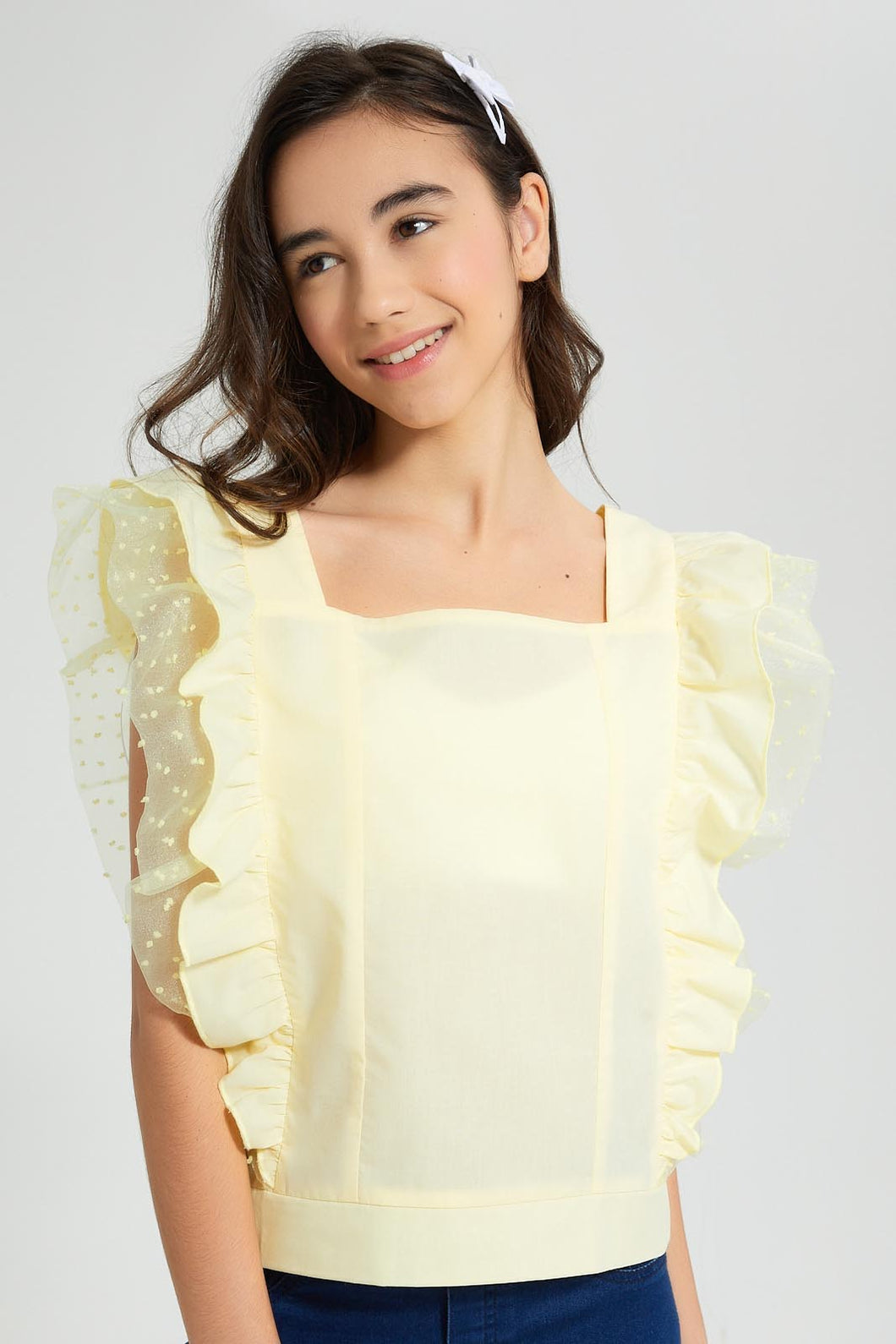 Redtag-Yellow-Rufffled-Sleeve-Top-Blouses-Senior-Girls-9 to 14 Years