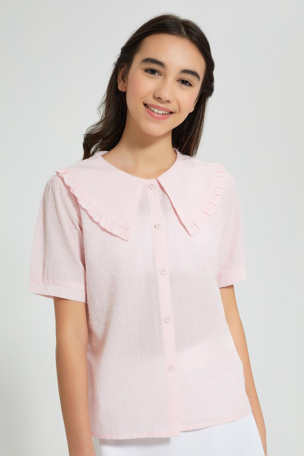 Redtag-Pink-Swiss-Dots-Collared-Blouse-Blouses-Senior-Girls-9 to 14 Years