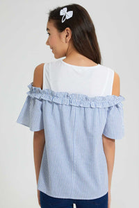 Redtag-White/Blue-Stripes-Cold-Shoulder-Blouses-Senior-Girls-9 to 14 Years