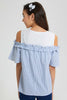 Redtag-White/Blue-Stripes-Cold-Shoulder-Blouses-Senior-Girls-9 to 14 Years