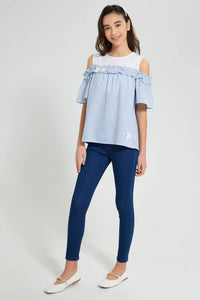 Redtag-White/Blue-Stripes-Cold-Shoulder-Blouses-Senior-Girls-9 to 14 Years