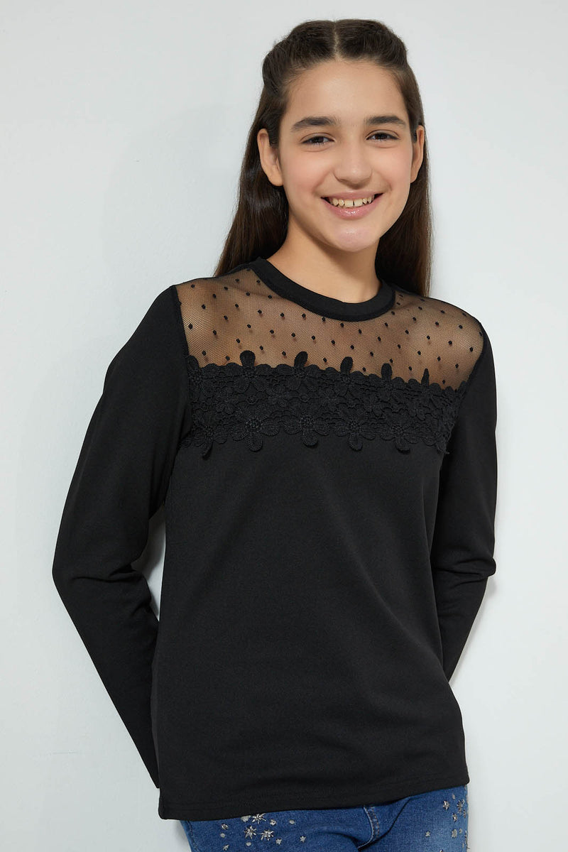 Redtag-Black-L/S-Lace-Top-Long-Sleeves-Senior-Girls-9 to 14 Years