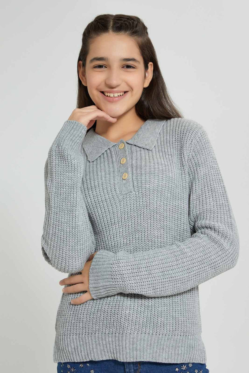 Redtag-Grey-Melange-Collared-Pullover-Jumpers-Senior-Girls-9 to 14 Years