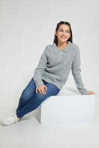 Redtag-Grey-Melange-Collared-Pullover-Jumpers-Senior-Girls-9 to 14 Years