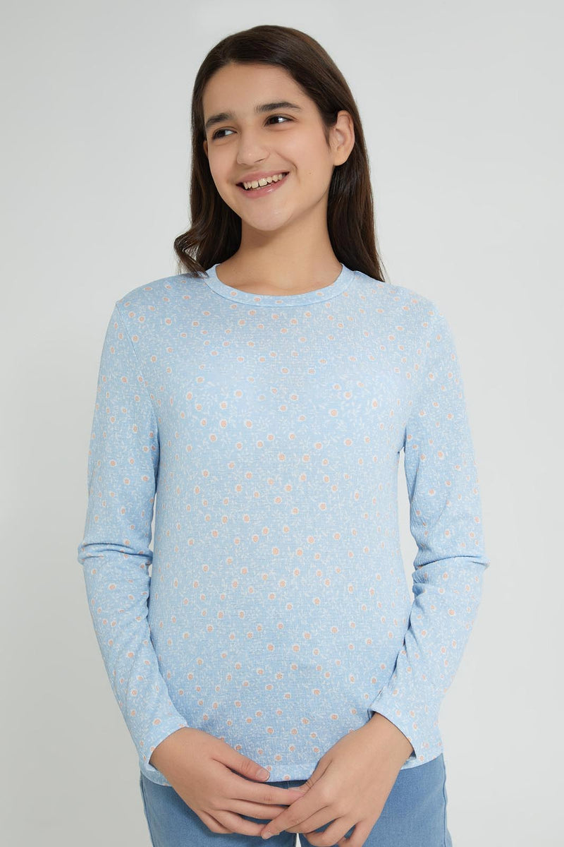 Blue Floral Print Long Sleeve T-Shirt