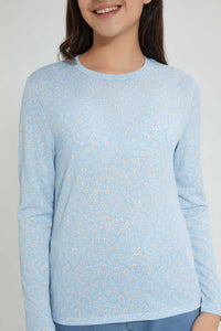 Blue Floral Print Long Sleeve T-Shirt